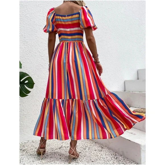 Boho Multicolor Stripes Puff Sleeve Maxi Dress - Picture 3 of 5